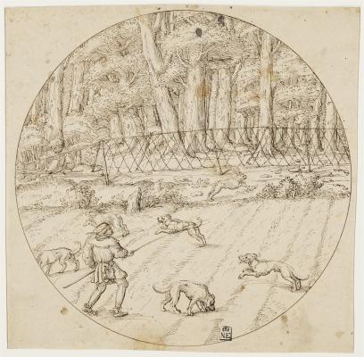 Augustin Hirschvogel: Nyúlhajtás hálóval, toll, barna tinta, 244 × 249 mm .Ltsz. 130. 
