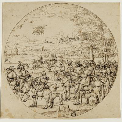 Augustin Hirschvogel: Solymászat gémre, toll, barna és fekete tinta, 242 × 247 mm. Ltsz. 86. 