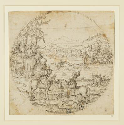 Augustin Hirschvogel: Szarvasvadászat számszeríjjal, toll, barna tinta, 242 × 244 mm. Ltsz. 116. 