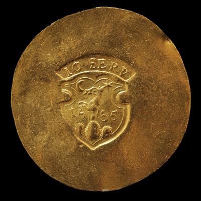 János Zsigmond 1565-ös tízszeres arany tábori dukátjának előlapja a fejedelem címerével. 