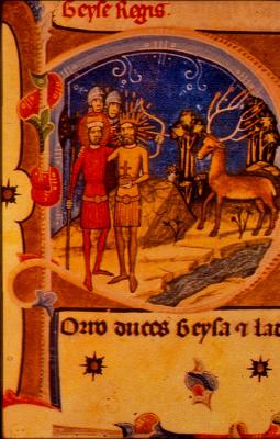 László herceg, Géza király és a fogadalmi egyház helyét kijelölő látomásos szarvas a mogyoródi csatát követően. Iniciálé a Képes Krónikában
