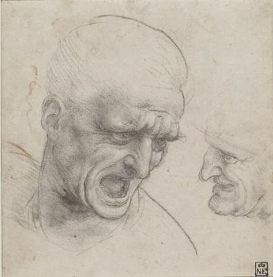 LEONARDO DA VINCI: Fejtanulmányok, 1504–1505 körül. Puha kréta vagy szén, vöröskréta-nyomok, papír