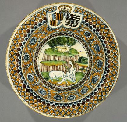 Mátyás és Beatrix házasságkötésére készült, unikornist ábrázoló majolika tál, 1476 körül