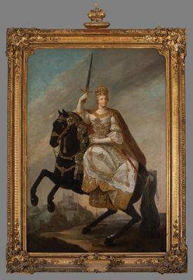 Mária Terézia lovon, karddal a kezében