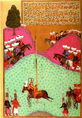 II. Murad szultán íjászgyakorlat közben (töklövés). Oszmán miniatúra (1584)