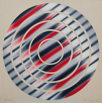 Hencze Tamás: Forgás, 1970, ofszetfesték, karton, kollázs, 70×70 cm