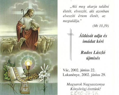 Rados László újmisés emléklapja