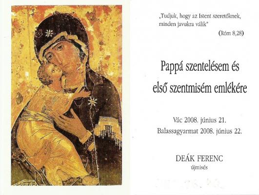 Deák Ferenc újmisés emléklapja