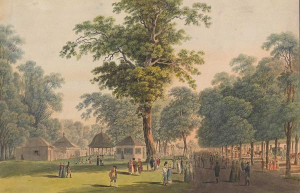 „Versammlung der schönen Welt bey den Kaffee-Häusern in der großen Prater Allee“, 1795, Johann Ziegler, Laurenz Janscha nyomán, színezett rézkarc