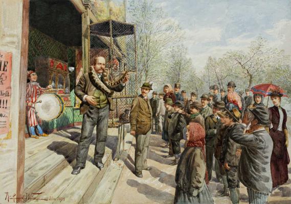Kígyóbűvölő a Práter egyik pavilonja előtt, 1894, Richard Weixlgärtner, Akvarell