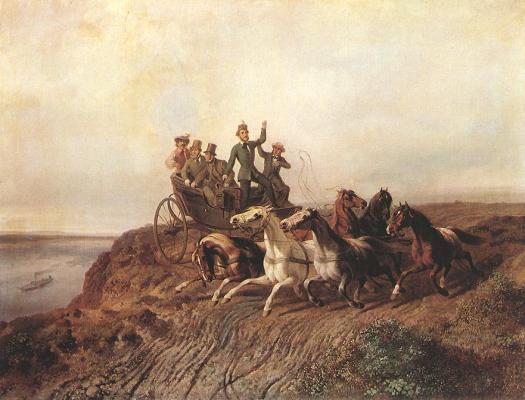 Johann Gottlieb Erdmann Prestel (1804–1885): Sándor Móric megelőzi fogatával a gőzhajót, 1850 körül\r\n