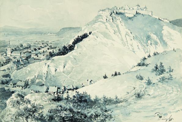 Háry Gyula: Rozsnyó vára, 1900 körül, papír, lavírozott tus; 195 × 290 mm\r\n