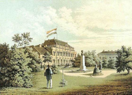 Slowikowski Ádám (működött 1860-70 körül): Az ideiglenes magyar képviselőház látképe Pesten a Múzeum-kertből. 1865. Színes litográfia 